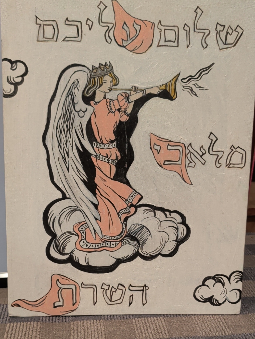 Angel Wall Art Painting in Pink and Black With Hebrew Saying: Peace To You....